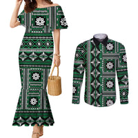 Fiji Masi Tapa Pattern Green Couples Matching Mermaid Dress and Long Sleeve Button Shirt - Polynesian Pride