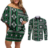 Fiji Masi Tapa Pattern Green Couples Matching Off Shoulder Short Dress and Long Sleeve Button Shirt - Polynesian Pride