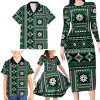 Fiji Masi Tapa Pattern Green Family Matching Long Sleeve Bodycon Dress and Hawaiian Shirt - Polynesian Pride