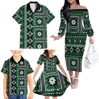 Fiji Masi Tapa Pattern Green Family Matching Off The Shoulder Long Sleeve Dress and Hawaiian Shirt - Polynesian Pride