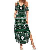 Fiji Masi Tapa Pattern Green Family Matching Summer Maxi Dress and Hawaiian Shirt - Polynesian Pride