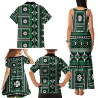 Fiji Masi Tapa Pattern Green Family Matching Tank Maxi Dress and Hawaiian Shirt - Polynesian Pride