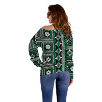 Fiji Masi Tapa Pattern Green Off Shoulder Sweater - Polynesian Pride
