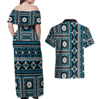 Fiji Masi Tapa Pattern Blue Couples Matching Off Shoulder Maxi Dress and Hawaiian Shirt - Polynesian Pride