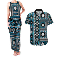 Fiji Masi Tapa Pattern Blue Couples Matching Tank Maxi Dress and Hawaiian Shirt - Polynesian Pride
