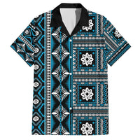 Fiji Masi Tapa Pattern Blue Family Matching Off The Shoulder Long Sleeve Dress and Hawaiian Shirt - Polynesian Pride