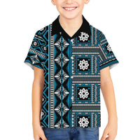 Fiji Masi Tapa Pattern Blue Family Matching Off The Shoulder Long Sleeve Dress and Hawaiian Shirt - Polynesian Pride
