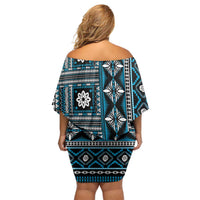 Fiji Masi Tapa Pattern Blue Family Matching Off Shoulder Short Dress and Hawaiian Shirt - Polynesian Pride