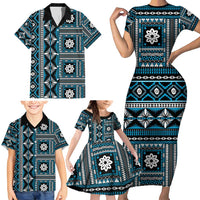 Fiji Masi Tapa Pattern Blue Family Matching Short Sleeve Bodycon Dress and Hawaiian Shirt - Polynesian Pride