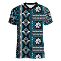 Fiji Masi Tapa Pattern Blue Women V-Neck T-Shirt - Polynesian Pride