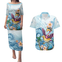 Hawaii Flamingo Couples Matching Puletasi and Hawaiian Shirt Plumeria Tropical Beach