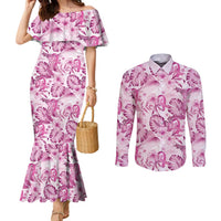 Pink Ribbon Hibiscus Tropical Pattern Couples Matching Mermaid Dress and Long Sleeve Button Shirt Breast Cancer LT01 Pink - Polynesian Pride