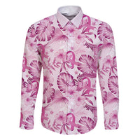 Pink Ribbon Hibiscus Tropical Pattern Family Matching Short Sleeve Bodycon Dress and Hawaiian Shirt Breast Cancer