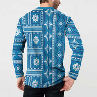 Fiji Masi All Blue Button Sweatshirt Tapa Pattern - Polynesian Pride