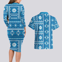 Fiji Masi All Blue Couples Matching Long Sleeve Bodycon Dress and Hawaiian Shirt Tapa Pattern - Polynesian Pride