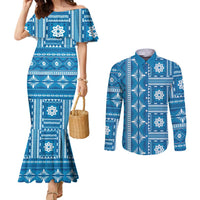Fiji Masi All Blue Couples Matching Mermaid Dress and Long Sleeve Button Shirt Tapa Pattern - Polynesian Pride