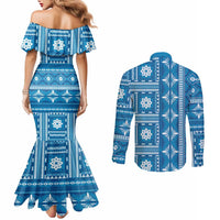 Fiji Masi All Blue Couples Matching Mermaid Dress and Long Sleeve Button Shirt Tapa Pattern - Polynesian Pride