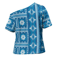 Fiji Masi All Blue Cross Shoulder Shirt Tapa Pattern LT01 - Polynesian Pride