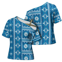 Fiji Masi All Blue Cross Shoulder Shirt Tapa Pattern LT01 - Polynesian Pride