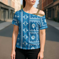 Fiji Masi All Blue Cross Shoulder Shirt Tapa Pattern LT01 - Polynesian Pride