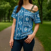Fiji Masi All Blue Cross Shoulder Shirt Tapa Pattern LT01 - Polynesian Pride
