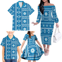 Fiji Masi All Blue Family Matching Off The Shoulder Long Sleeve Dress and Hawaiian Shirt Tapa Pattern - Polynesian Pride