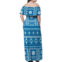 Fiji Masi All Blue Family Matching Off Shoulder Maxi Dress and Hawaiian Shirt Tapa Pattern - Polynesian Pride