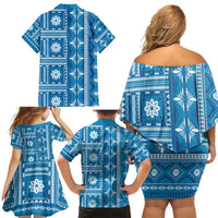 Fiji Masi All Blue Family Matching Off Shoulder Short Dress and Hawaiian Shirt Tapa Pattern - Polynesian Pride