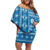 Fiji Masi All Blue Family Matching Off Shoulder Short Dress and Hawaiian Shirt Tapa Pattern - Polynesian Pride