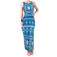 Fiji Masi All Blue Family Matching Tank Maxi Dress and Hawaiian Shirt Tapa Pattern - Polynesian Pride