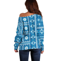 Fiji Masi All Blue Off Shoulder Sweater Tapa Pattern - Polynesian Pride