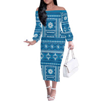 Fiji Masi All Blue Off The Shoulder Long Sleeve Dress Tapa Pattern - Polynesian Pride