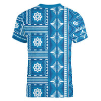 Fiji Masi All Blue Women V-Neck T-Shirt Tapa Pattern - Polynesian Pride