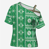 Fiji Masi All Green Cross Shoulder Shirt Tapa Pattern - Polynesian Pride
