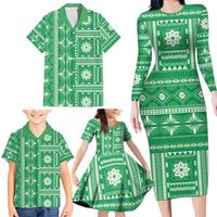 Fiji Masi All Green Family Matching Long Sleeve Bodycon Dress and Hawaiian Shirt Tapa Pattern - Polynesian Pride