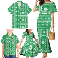 Fiji Masi All Green Family Matching Mermaid Dress and Hawaiian Shirt Tapa Pattern - Polynesian Pride
