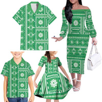 Fiji Masi All Green Family Matching Off The Shoulder Long Sleeve Dress and Hawaiian Shirt Tapa Pattern - Polynesian Pride