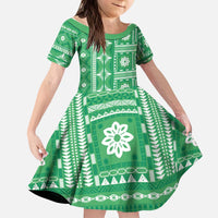 Fiji Masi All Green Kid Short Sleeve Dress Tapa Pattern - Polynesian Pride