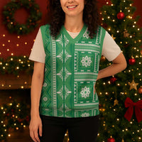 Fiji Masi All Green Christmas Knitted V-Neck Vest Tapa Pattern - Polynesian Pride