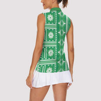 Fiji Masi All Green Women Sleeveless Polo Shirt Tapa Pattern - Polynesian Pride