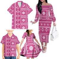 Fiji Masi All Pink Family Matching Off The Shoulder Long Sleeve Dress and Hawaiian Shirt Tapa Pattern - Polynesian Pride