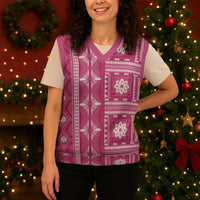 Fiji Masi All Pink Christmas Knitted V-Neck Vest Tapa Pattern - Polynesian Pride