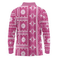 Fiji Masi All Pink Long Sleeve Polo Shirt Tapa Pattern - Polynesian Pride