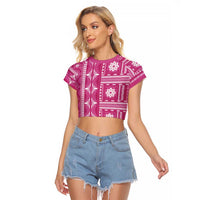 Fiji Masi All Pink Raglan Cropped T Shirt Tapa Pattern LT01 Female Pink - Polynesian Pride