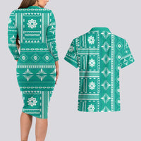 Fiji Masi All Teal Couples Matching Long Sleeve Bodycon Dress and Hawaiian Shirt Tapa Pattern - Polynesian Pride