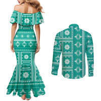 Fiji Masi All Teal Couples Matching Mermaid Dress and Long Sleeve Button Shirt Tapa Pattern - Polynesian Pride