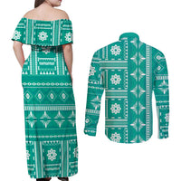 Fiji Masi All Teal Couples Matching Off Shoulder Maxi Dress and Long Sleeve Button Shirt Tapa Pattern - Polynesian Pride