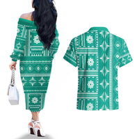 Fiji Masi All Teal Couples Matching Off The Shoulder Long Sleeve Dress and Hawaiian Shirt Tapa Pattern - Polynesian Pride