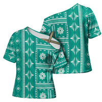 Fiji Masi All Teal Cross Shoulder Shirt Tapa Pattern - Polynesian Pride