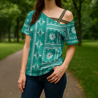 Fiji Masi All Teal Cross Shoulder Shirt Tapa Pattern - Polynesian Pride